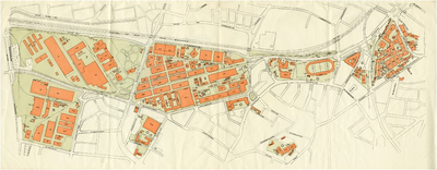 136710 Plattegrond van Philipsfabrieken, tussen: - de spoorlijn [Eindhoven-Best] (boven); - Emmasingel (rechts); - ...