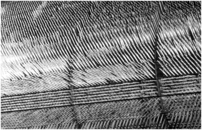 188369-040 Detail van lucifers op een machine bij de lucifers fabricage bij Mennen en Keunen, ca. 1955