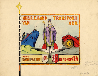 188505 Ontwerptekening voor een vaandel ten behoeve van de Nederlandse R.K. Bond van Transport Arb. Sint Bonifacius, ...