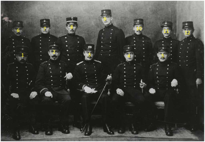 191795 Politiekorps Woensel: 1. den Brok; 2. van de Broek; 3. inspecteur de Poorter; 4. Wouter; 5. van de Vorst; 6. van ...