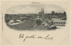 193358 Panorama, met op de voorgrond timmerfabriek De Rietvink en op de achtergrond de St. Catharinakerk, ca. 1910