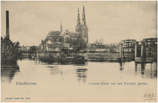 193405 Paradijs, met op de voorgrond de Dommel, met stuw, en op de achtergrond de Catharinakerk, ca. 1900