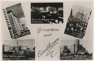 194406 Collage van 5 foto's waarop: 1. Overzicht Gebouwen complex fabrieksterrein Strijp; 2. Philips' ...