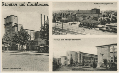 194407 Collage van 3 foto's waarop: 1. Philips Philitefabriek, Beukenlaan; 2. Ontspanningsgebouw, Mathildelaan; 3. ...