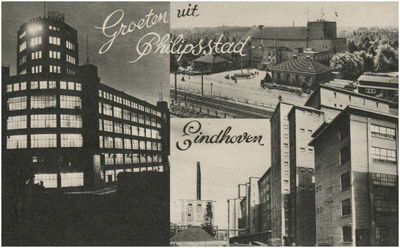 194409 Collage van 3 foto's waarop: 1. Avondopname Philips Lichttoren, hoek Emmasingel-Mathildelaan; 2. ...