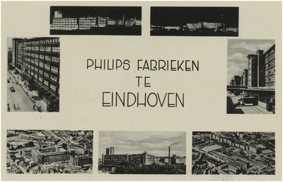 194410 Collage van 7 foto's waarop: 1. Avondopname Philipsfabrieken, Mathildelaan; 2. Avondopname Philipsfabrieken ...