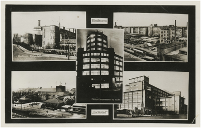 194411 Collage van 5 foto's waarop: 1.Philips - Laboratorium; 2. Philips - Fabriek-complex Strijp; 3. Philips - ...