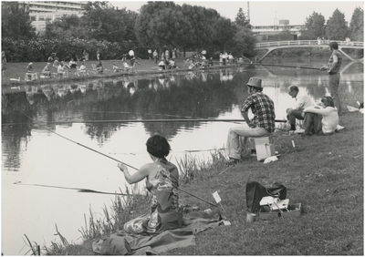195341 Serie van 2 foto's betreffende hengelwedstrijd aan de Dommel. Hengelaars: het vissen, 1965 - 1975