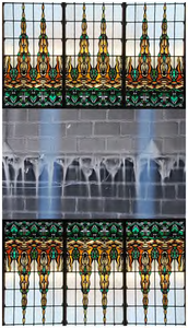 221487 Serie van 7 foto's. Collages: 1. glas in lood villa Carp 2. glas in lood-graffiti 3. glas in lood-kraanbaan ...