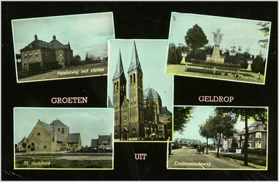 227145 Collage van 5 foto's waarop: 1. Parelelweg met station 2. H. Hart Monument 3. St. Jozefkerk 4. RK Brigidakerk 5. ...