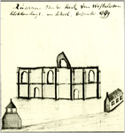 227224 Ruïne van de kerk met klokkenhuis en school, 1789