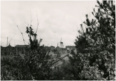252039 Pijpleiding door de bossen naar Eindhoven. Op de achtergrond een molen, 1940 - 1945