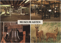 253005 Collage van 4 foto's van Museum Asten waarop: 1. Vogelafdeling, 2. Luidklokken, 3. Luidklok, 4. Vitrine met 2 ...