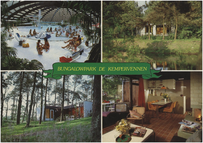 253012 Collage van 4 foto's van bungalowpark de Kempervennen waarop: 1 zwembad, 2 en 3 bungalows, 4. huiskamer in ...