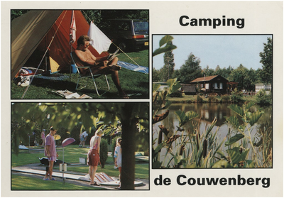 253013 Collage van 3 foto's van Camping de Couwenberg waarop: 1. Kamperen, 2. Midgetgolf, 3. Vijver, 1975 - 1983