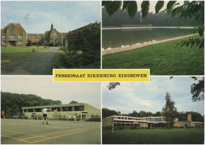 253016 Collage van 4 foto's van pensionaat Eikenburg waarop: 1. Hoofdgebouw en kapel, 2. Zwembad (buitenbad) 3. ...