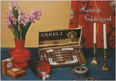 253027 Verjaardagskaart met Karel 1 sigarendoos , Cabalero sigaretten, 1960 - 1969