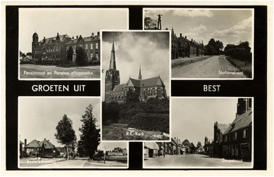 12846 Collage van vijf foto's: (1) Pensionaat en Pension Nazareth ; (2) Stationstraat; (3) R.K. Kerk; (4) ...
