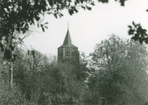 135108 De kerktoren van de Sint genoveva kerk aan de Genovevastraat te Breugel gezien vanaf de Dommel, z.j.