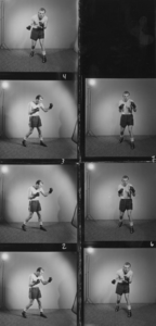 221236 Serie van 7 negatieven, betreffende een collage van Jac. Serton, bokser in sportkleding, 1959