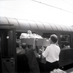 254951 Kist met een zieke wordt de trein in gedragen, 06-1960