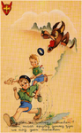 221050 Het wegrennen van twee padvinders voor een wolf, 1950 - 1955