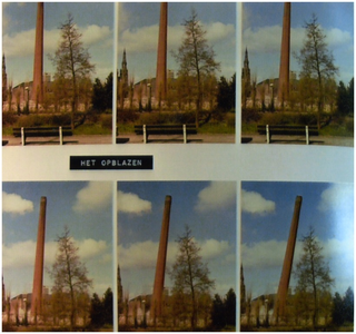 253246 Collage van 6 foto's van het slopen van de schoorsteen van de Philip Morris Fabriek: het opblazen, 13-04-1982