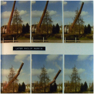 253247 Collage van 6 foto's van het slopen van de schoorsteen van de Philip Morris Fabriek : het opblazen, 13-04-1982