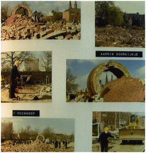 253248 Collage van 6 foto's van het opblazen van de schoorsteen van de Philip Morris Fabriek : overblijfselen, 13-04-1982