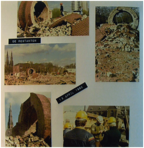 253249 Collage van 5 foto's van het slopen van de schoorsteen van de Philip Morris Fabriek : overblijfselen, 13-04-1982