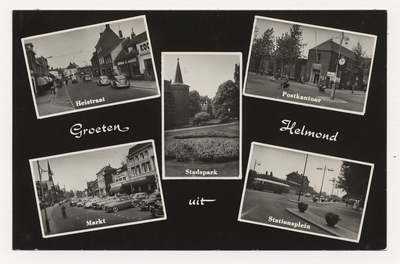 100032 Vijf afbeeldingen: - Heistraat; - Watermolenwal, postkantoor; - Kasteeltuin; - Markt; - Stationsplein, 1949 - 1959