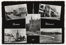 100038 Collage van vijf foto's waarop 1 Zuid-Willemsvaart 2 Veestraat; 3 Heilig Hart Kerk 4 Kasteel 5 Warande, 1955 - 1965