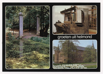 100062 Drie afbeeldingen: - Toegangspoort begraafplaats Warande; - Weefgetouw in het Gemeentemuseum kasteel Helmond; - ...