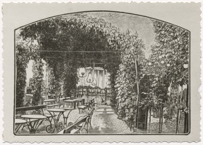 100761 Binderseind. De muziektuin achter het voormalige café van Piet Berkers aan het Binderseind, 1885 - 1895