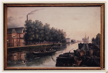 103039 Kanaaldijk N.W., kleurenreproductie van een schilderij door Henri Knip. Op de voorgrond een schroefstoomboot. ...