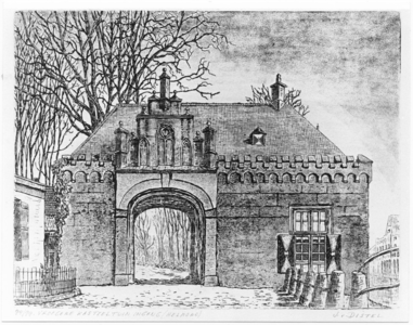 103268 Reproductie van een ets van de kasteelpoort, gezien vanuit de richting 'Veestraat' in de richting kasteeltuin. ...