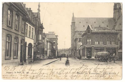 104027 Zuidwestelijke hoek van de Markt, met gezicht op de Veestraat. Op de hoek het pand van Terheyden en Waals. ...