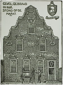 104051 Markt, oostzijde. Tekening van huis Het Witte Paard, gebouwd in 1668, afgebroken in 1885. Dit pand werd onder ...