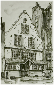 104197 Zuidzijde Markt. Tekening van het huis met de Luts (apotheek Van Hoeck), 1955 - 1965