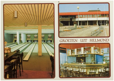 107174 Watermolenwal 14. Collage van drie afbeeldingen van de City-Sporthal: bowlingbaan, hoofdingang, bar, 1984