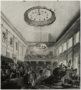 113630 Nationale vergadering in 1796 bijeen in het voormalige gebouw van de Tweede Kamer. Aquarel van H. Bauer, z.j.