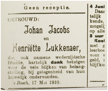 114335 Huwelijksadvertentie van het echtpaar Jacobs-Lukkenaer, 17-05-1910