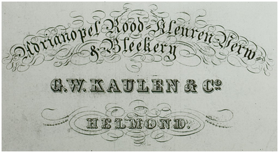 115615 Visitekaartje van de firma G.W. Kaulen & Co. Litho van F. Wilke, Helmond. Ca. 1850, ca. 1850