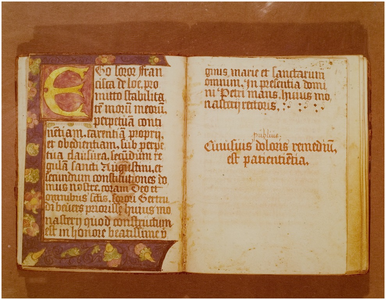 115635 Pagina uit een getijdenboek van zuster Francisca de Loe van het klooster Onze Lieve Vrouw in den Hage. Op deze ...