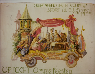 115759 Affiche voor optocht Oranje-feesten. ( Waarschijnlijk voor de historische optocht ter gelegenheid van het gouden ...