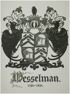 116032 Wapen van Wesselman in vieren gedeeld: 1 en 4 in zilver met twee rode kepers, vergezeld van drie zwarte vogels, ...