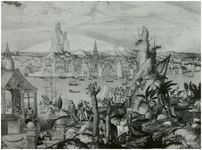 116380 Landschap met godsdienstige voorstellingen. Op de achtergrond een stad die op Antwerpen lijkt. Schilderij van ...