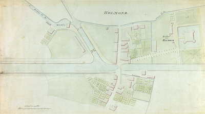 120300 Helmond. Reproductie van een plattegrond van een gedeelte van de stad Helmond met het kasteel.Op de kaart is de ...