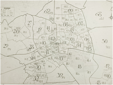 120319 Plattegrond met indeling in wijken en subwijken., 1974
