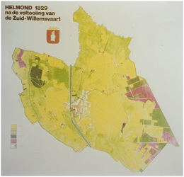 120334 Reproductie van een reconstructie van een kaart van Helmond met als titel Helmond 1829 na de voltooiing van de ...